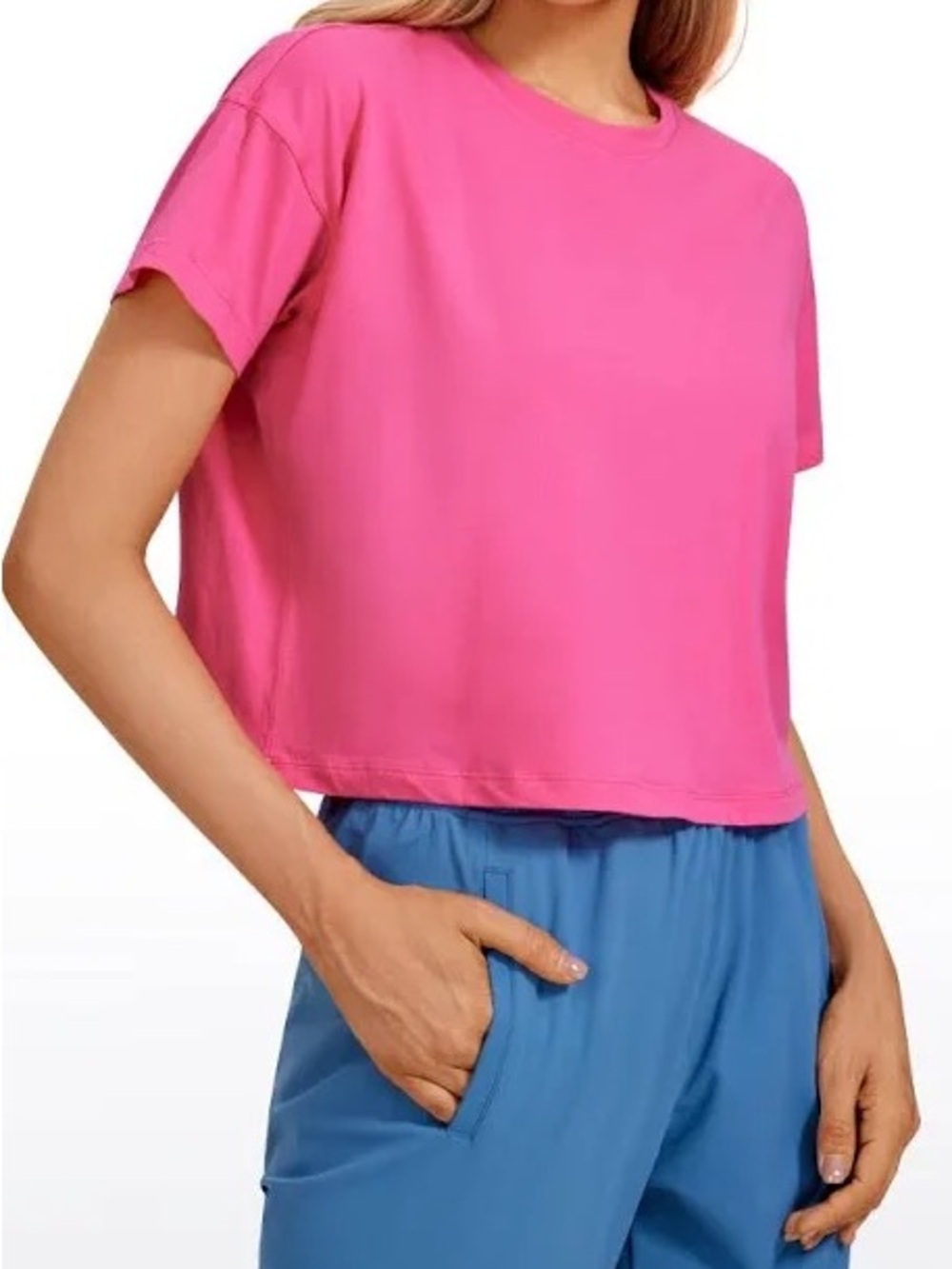 CRZ YOGA Pima Cotton Crew Neck Cropped Short Sleeve Pink